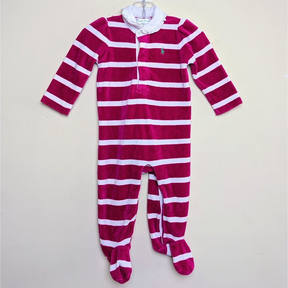 Polo Ralph Lauren Pink &‎ White Striped Velour Footie One Piece Romper 9 Months